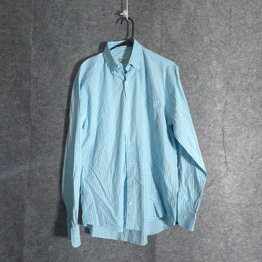 Peter Millar Shirt Mens Large Blue White Gingham Button Down Crown Finish Logo